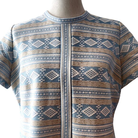 Vintage Lorac Originals Size L/XL? Blue Tan Textured Geometric S/S Sheath Dress - Picture 4 of 10